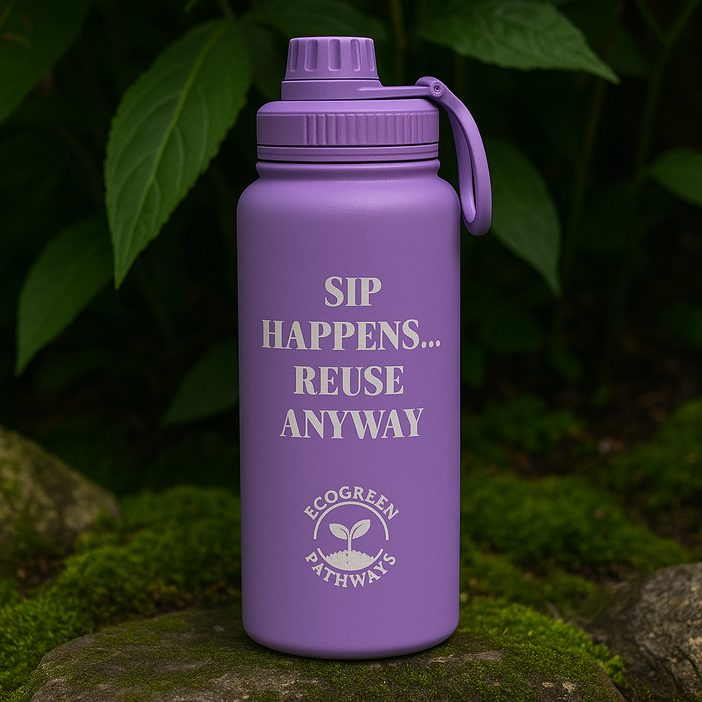 EcoGreen 32oz Insulated Water Bottle – Eco Friendly "Sip Happens Reuse Anyway"