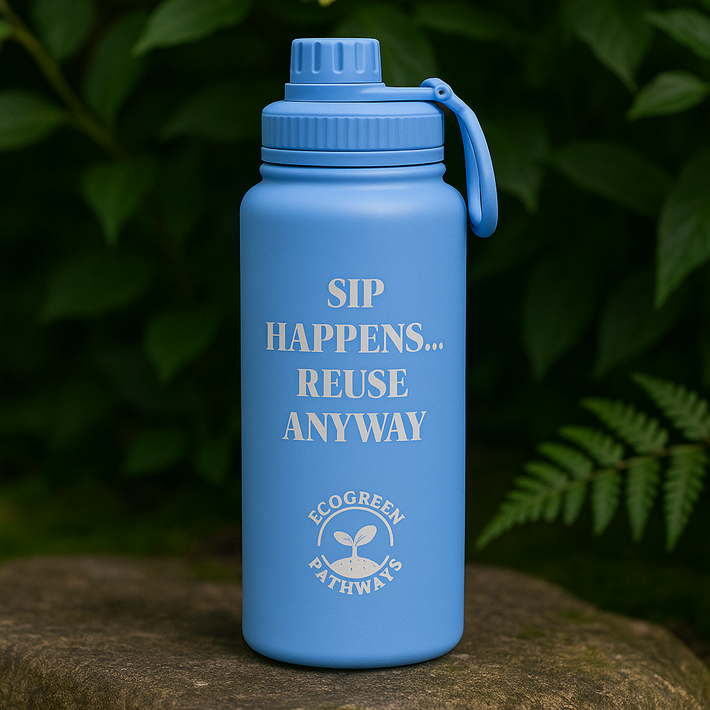 EcoGreen 32oz Insulated Water Bottle – Eco Friendly "Sip Happens Reuse Anyway"