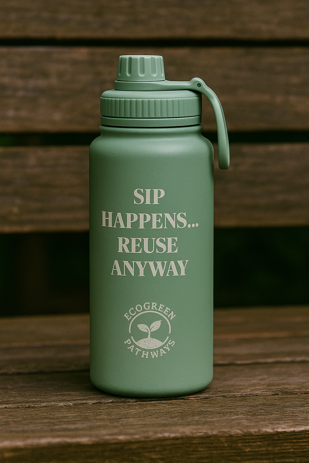 EcoGreen 32oz Insulated Water Bottle – Eco Friendly "Sip Happens Reuse Anyway"