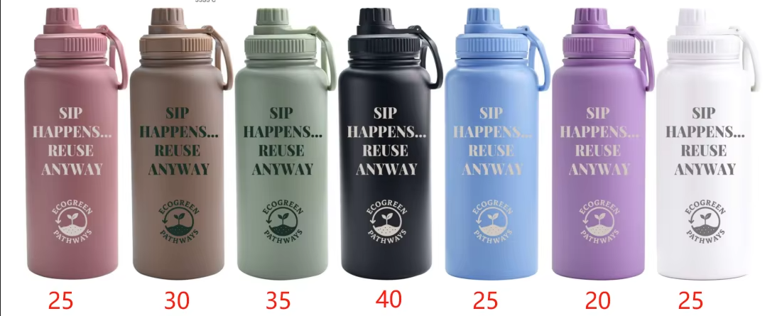 EcoGreen 32oz Insulated Water Bottle – Eco Friendly "Sip Happens Reuse Anyway"