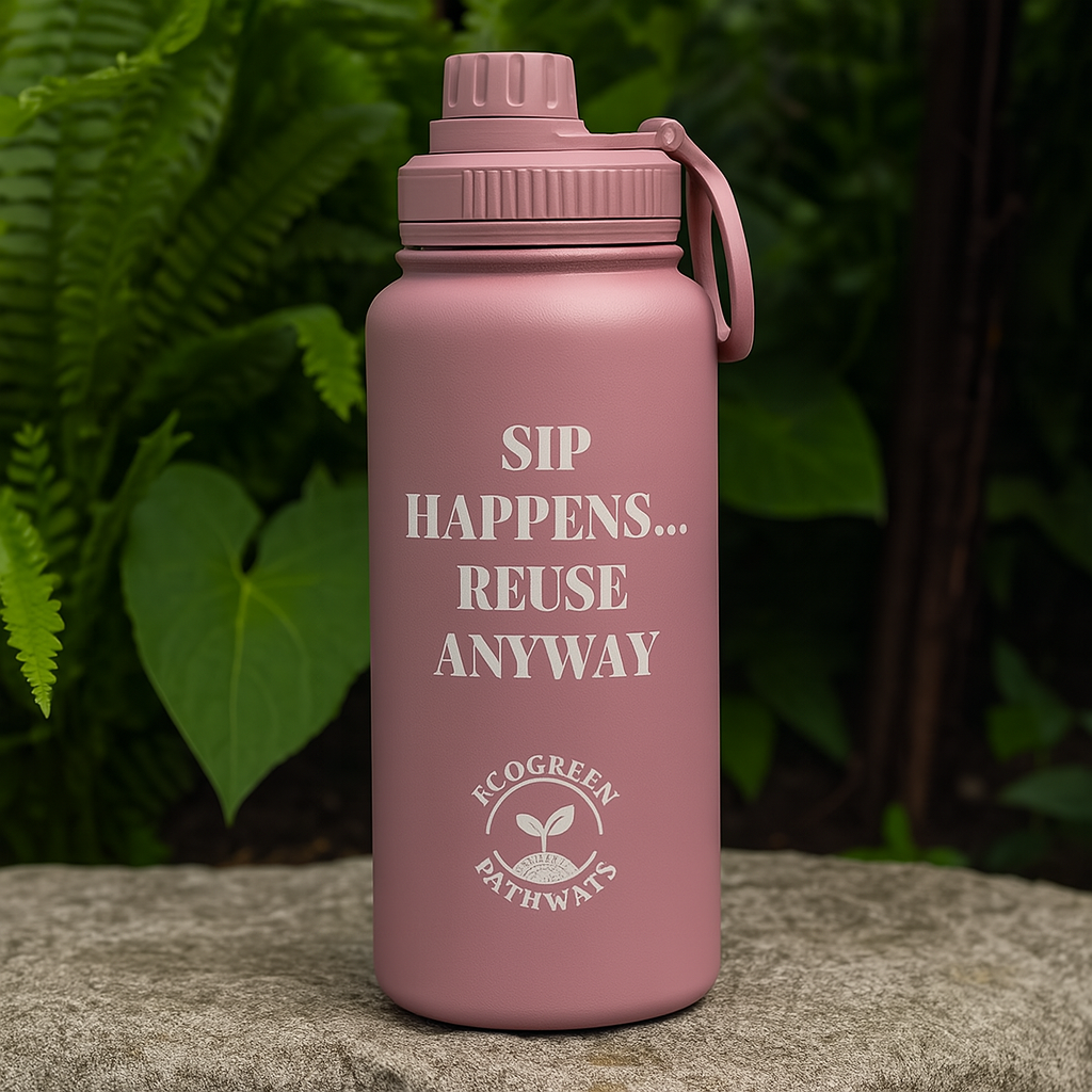 EcoGreen 32oz Insulated Water Bottle – Eco Friendly "Sip Happens Reuse Anyway"