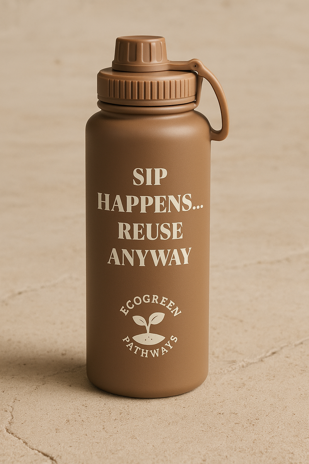 EcoGreen 32oz Insulated Water Bottle – Eco Friendly "Sip Happens Reuse Anyway"